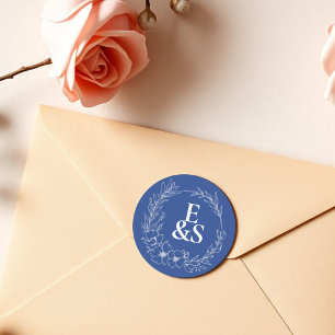 Elegante Vintage-Romantik Blaue Monogramm-Hochzeit Runder Aufkleber