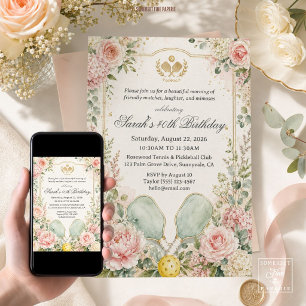 Elegante Vintage-Rosa-Blumen-Pickleball-Geburtstag Einladung
