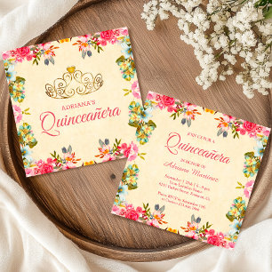 Elegante Vintage-Rosa-Blumen-Prinzessin-Quinceaner Einladung