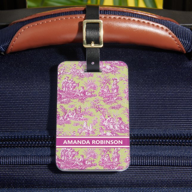 Elegante Vintage, rosa grüne Jouy Toile Gepäckanhänger (Vorderseite Insitu 2)