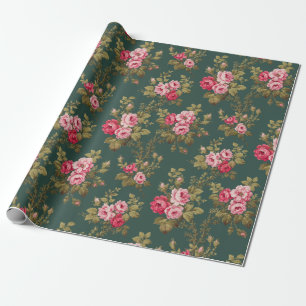 Elegante Vintage-Rosa-Rosen auf grünem Hintergrund Geschenkpapier