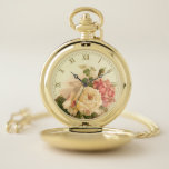 Elegante, Vintage Rosa Rosen Taschenuhr<br><div class="desc">Liebliche und romantische Pastellpfirsich,  creme und rosa Rosen aus antiker Blumenlithographie-Illustration. Optionales römisches Ziffernblatt in Gold.</div>