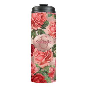 Elegante Vintage-Rosa-Rote Rosen Blumen Monogramm Thermosbecher