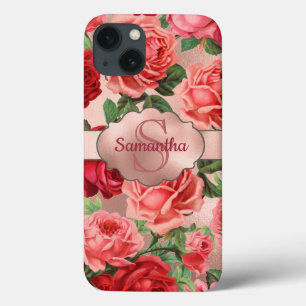Elegante Vintage-Rosa-Rote Rosen Floral Monogrammi Case-Mate iPhone Hülle