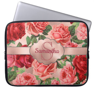 Elegante Vintage-Rosa-Rote Rosen Florale Monogramm Laptopschutzhülle