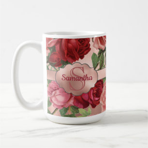 Elegante Vintage rosa Rote Rosen Mit Monogramm Kaffeetasse