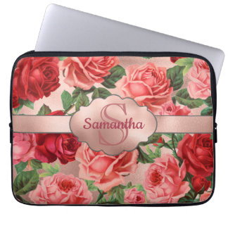 Elegante Vintage rosa Rote Rosen Mit Monogramm Laptopschutzhülle