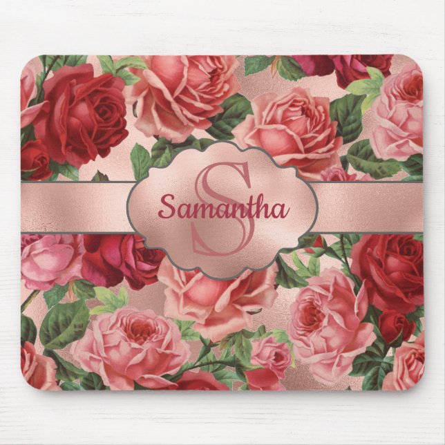 Elegante Vintage rosa Rote Rosen Mit Monogramm Mousepad (Vorne)
