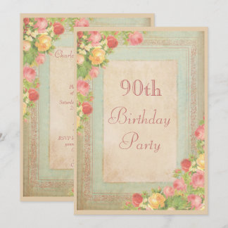 Elegante Vintage Rose 90. Geburtstagsparty Einladung