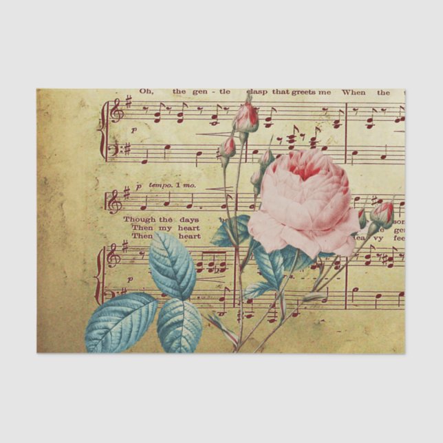 Elegante Vintage Rose Antiquitätenschild-Musiknote Seidenpapier (Vorderseite)