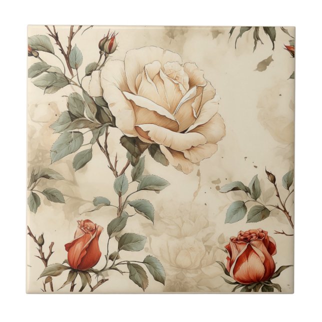 Elegante Vintage Rose Blume Beige Flora Fliese (Vorderseite)