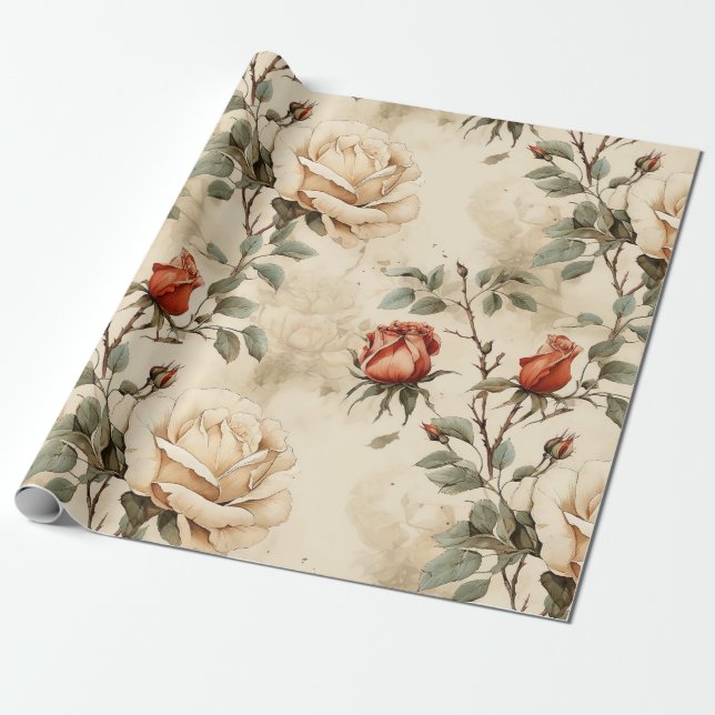 Elegante Vintage Rose Blume Beige Flora Geschenkpapier (Ungerollt)