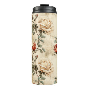 Elegante Vintage Rose Blume Beige Flora Thermosbecher