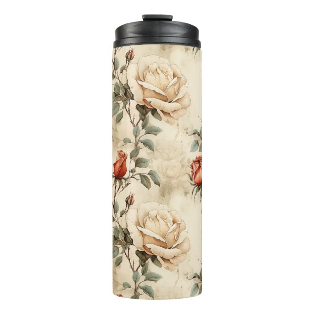 Elegante Vintage Rose Blume Beige Flora Thermosbecher (Vorderseite)