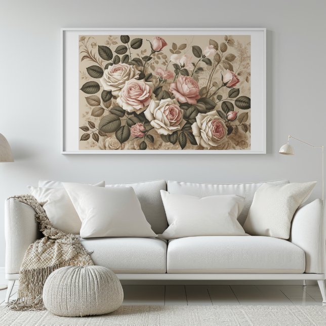 Elegante Vintage Rose Botanische Kunst Poster (Elegant Vintage Roses Botanical Art Print in room)