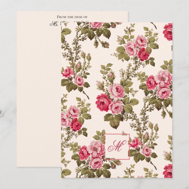 Elegante Vintage Rose mit Monogramm-Buff-Hintergru Mitteilungskarte (Vorne/Hinten)