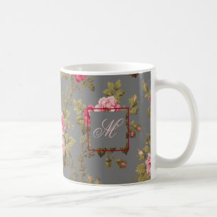 Elegante Vintage Rose mit monogramm-grauem Hinterg Kaffeetasse
