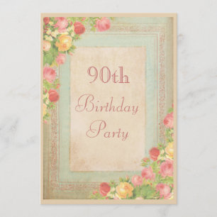 Elegante Vintage Rosen-90. Geburtstags-Party Einladung