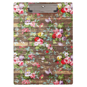Elegante Vintage-Rosen in Rosa auf braunem Holz-Fo Klemmbrett