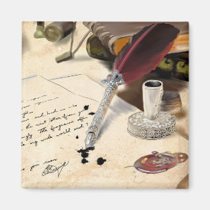 Elegante vintage rote Federkiel-Schreibfeder und T Magnet