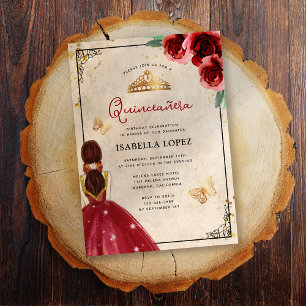 Elegante Vintage-Rote-Rose-Quinceañera in Echtgold Folieneinladung