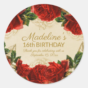 Elegante Vintage Rote Rosen 16. Geburtstag Runder Aufkleber