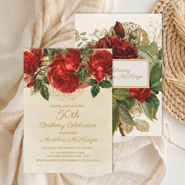Elegante Vintage Rote Rosen 50. Geburtstag Einladung (Elegant red roses on cream 50th birthday invitation)