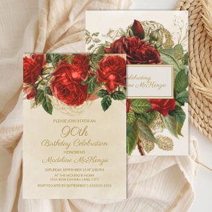 Elegante Vintage Rote Rosen 90. Geburtstag Einladung