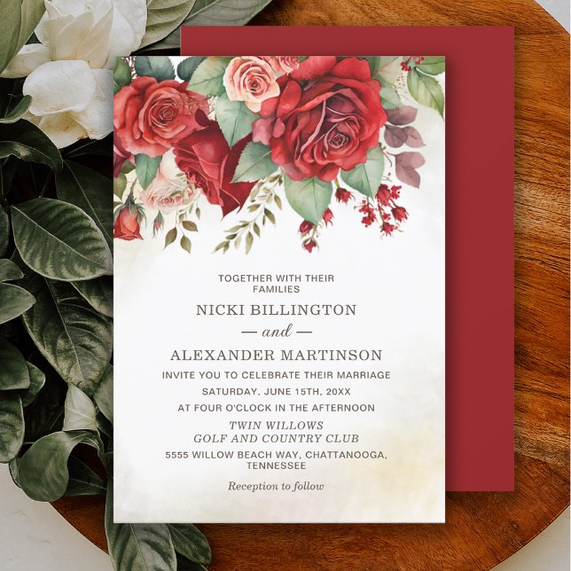 Elegante Vintage Rote Rosen Botanische Hochzeit mi Einladung (Vintage red roses floral botanical wedding invitation)