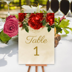 Elegante Vintage rote Rosen Champagner Tisch 1 Tischnummer