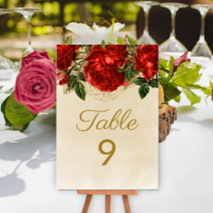 Elegante Vintage rote Rosen Champagner Tisch 9 Tischnummer