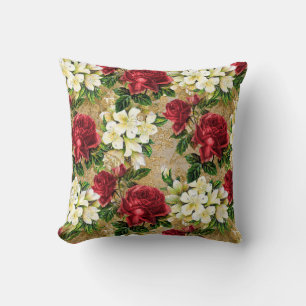 Elegante Vintage rote Rosen weiße Blumen Braun Kissen