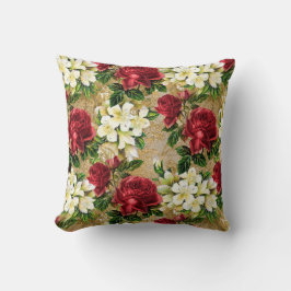 Elegante Vintage Rote Rosen Weißes Blumenbraun Kissen