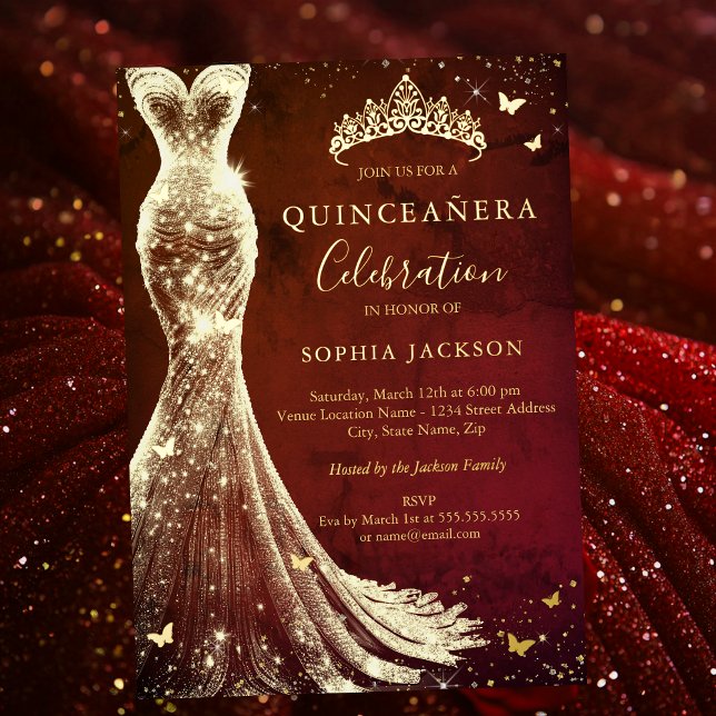 Elegante Vintage Rote Schmetterling Quinceanera Folieneinladung (Von Creator hochgeladen)