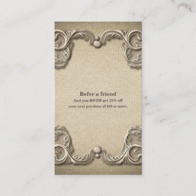 Elegante Vintage Rustikale Burlap Refer a Friend Empfehlungskarte (Vorderseite)
