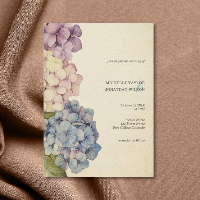 Elegante Vintage Rustikale Pastel Hydrangea Blume Einladung (Pastel Hydrangea vintage paper)