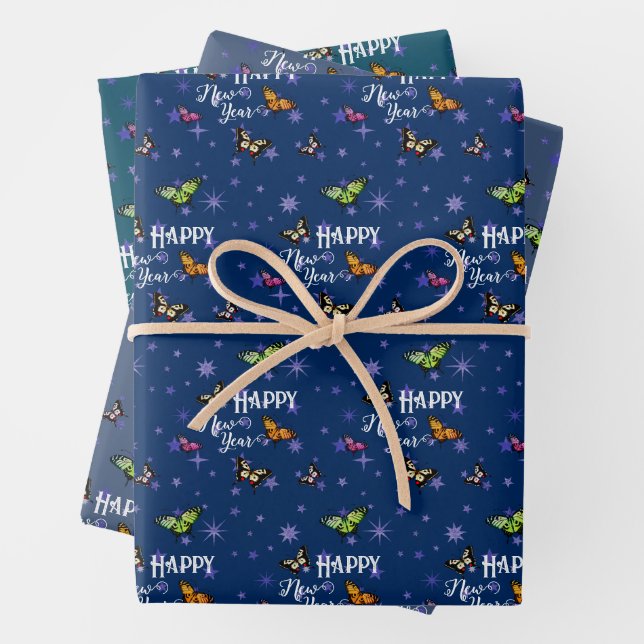 Elegante Vintage Schmetterlinge und Sterne glückli Geschenkpapier Set (Beispiel)