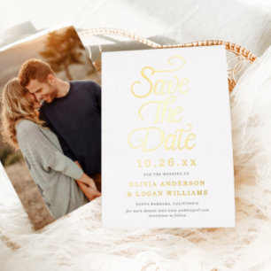 Elegante Vintage-Schriftzug-Foto-Hochzeit-Save-the Folieneinladung