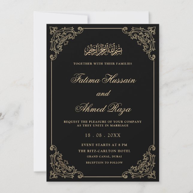 Elegante Vintage Schwarz-Gold-Script-Hochzeit Einladung (Vorderseite)
