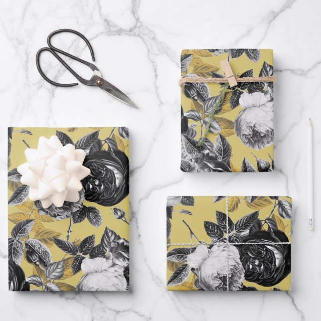 Elegante Vintage Schwarz-weiße Gold-Rose Geschenkpapier Set (Vorderseite)