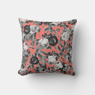 Elegante Vintage Schwarz-weiße Rose auf Korallenfl Kissen