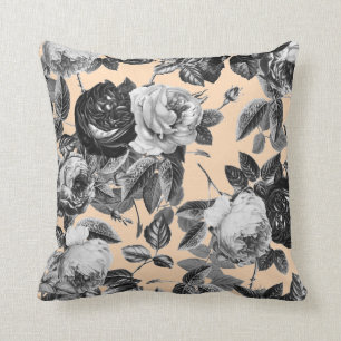 Elegante Vintage Schwarz-weiße Rose Tan Beige Kissen