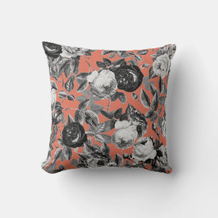Elegante Vintage Schwarz-weiße Rose Terra Cotta Kissen