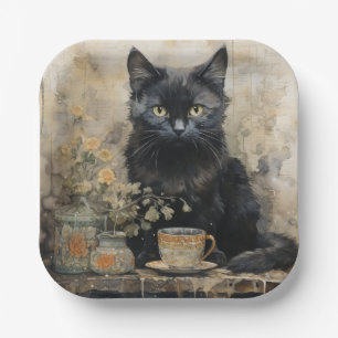 Elegante Vintage Schwarze Katze Pappteller