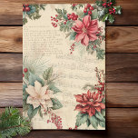 Elegante Vintage Seidenpapier<br><div class="desc">Schönes Weihnachtsgebirge mit bunten Tischtennisbäumen mit weißen und roten Poinsettien mit Heiligenblättern,  Weihnachtstext und Noten auf sepia-bedrücktem Pergament-Hintergrund. Geeignet für decoupage Projekte.</div>