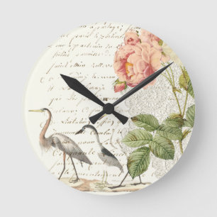 Elegante Vintage-Shabby-Pfingstrosen & Vögel Runde Wanduhr