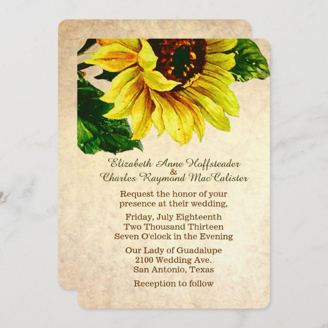 Elegante Vintage Sonnenblume-Hochzeits-Einladung Einladung (Vorne/Hinten)