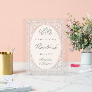 Elegante Vintage-Spitzen-Schwäne Kalligrafie-Hochz Acrylschild