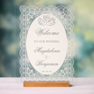 Elegante Vintage-Spitzen-Schwäne Kalligrafie-Hochz Acrylschild