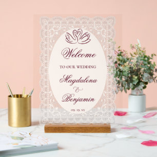 Elegante Vintage-Spitzenrahmen-Hochzeit mit burgun Acrylschild